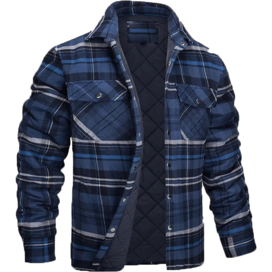 

Men's Flannel Quilted Lining Padded Long Sleeve Button Check Jacket