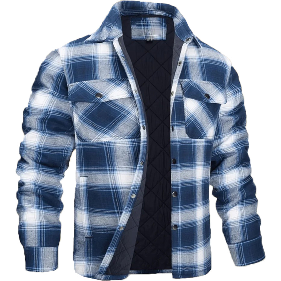 

Men's Flannel Quilted Lining Padded Long Sleeve Button Check Jacket