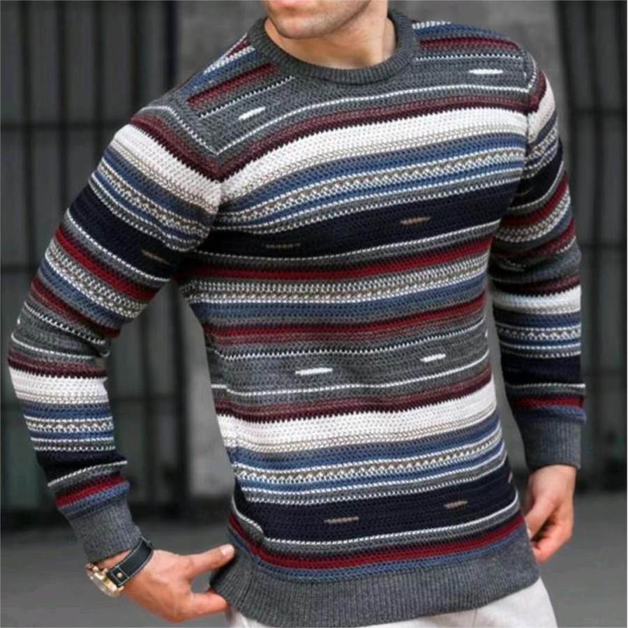 

Men's Retro Color Stripe All-match Round Neck Long-sleeved Sweater