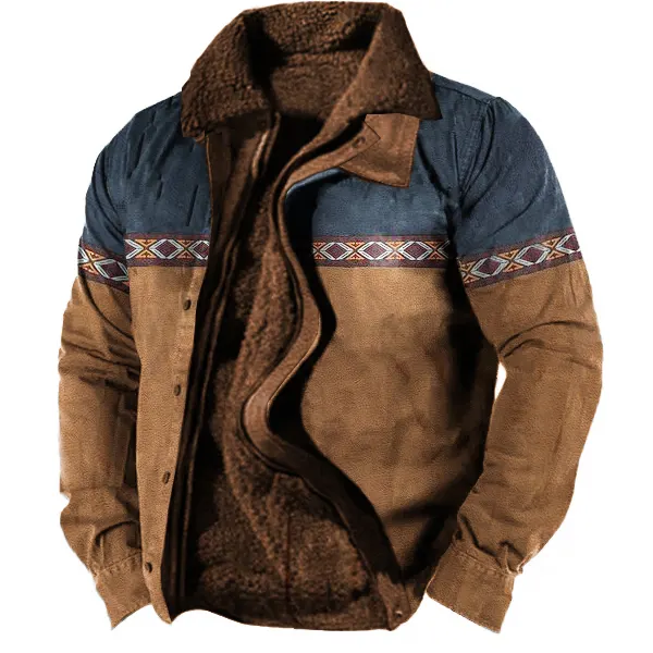 Men's Vintage Aztec Print Lining Plus Fleece Zipper Tactical Shirt Jacket - Mosaicnew.com 
