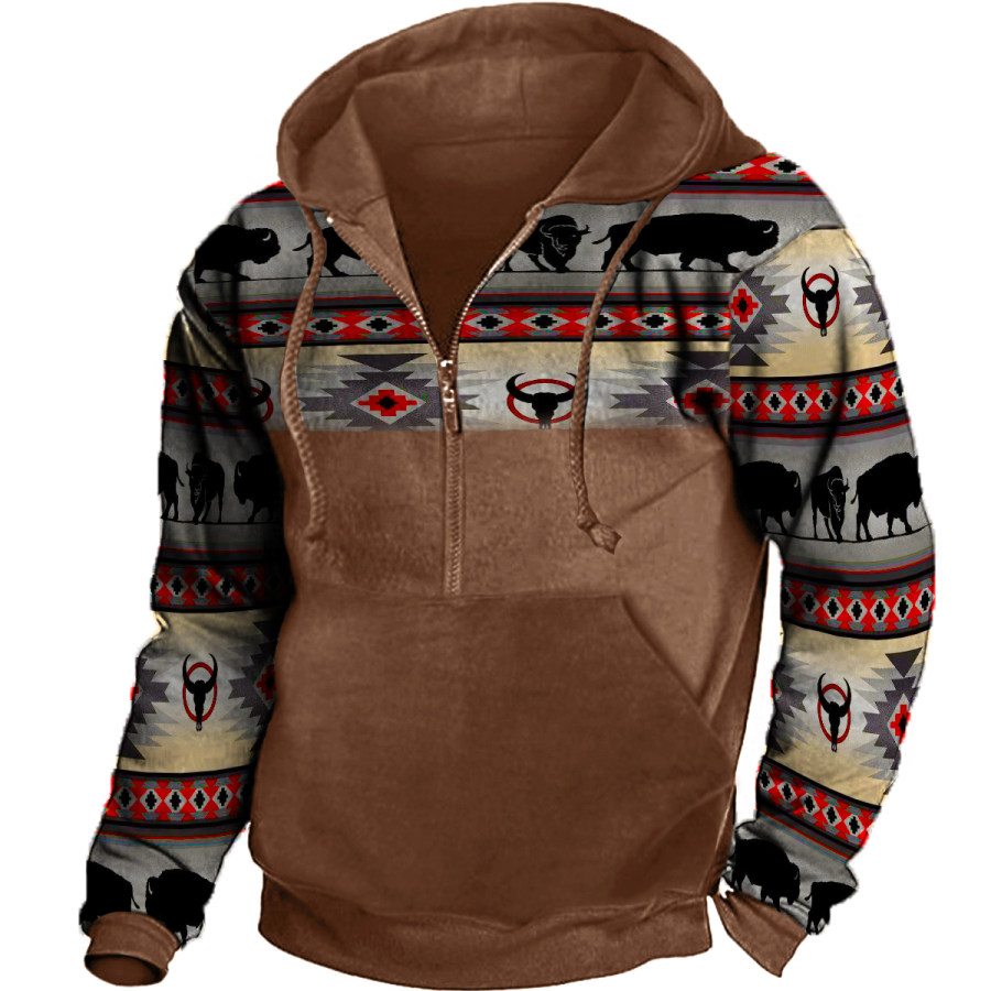 

Men's Vintage Ethnic Print Pocket Zip Hoodie