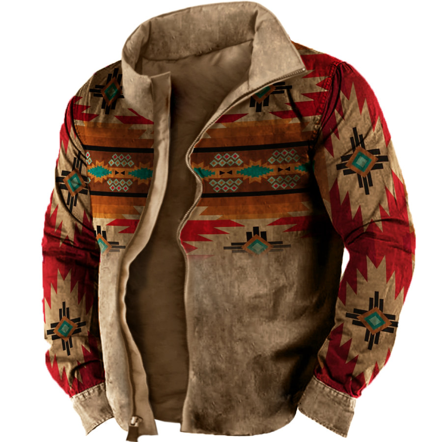 

Men's Vintage Ethnic Print Long Sleeve Stand Collar Jacket