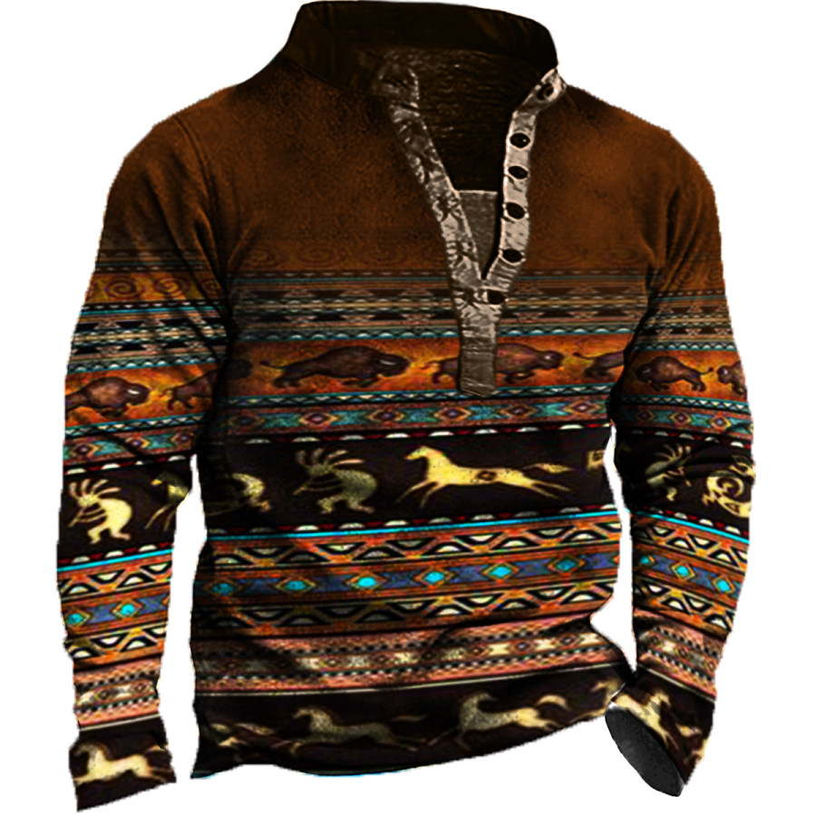 

Men's Vintage Distressed Ethnic Print Long Sleeve Sweatshirt