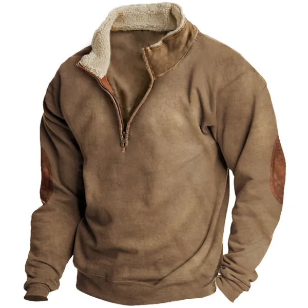 Men's Vintage Fleece Zipper Stand Collar Sweatshirt - Ootdyouth.com 