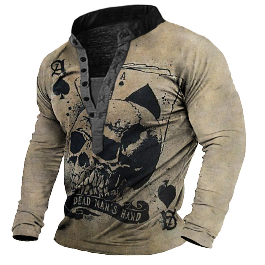 

Men's Vintage Playing Card Skull Henley Long Sleeve T-Shirt