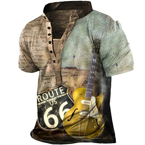 Plus Size Men's Vintage Route 66 Guitar Henley T-Shirt - Kalesafe.com 