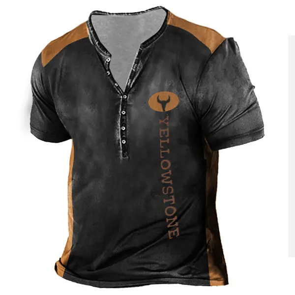 Men's Vintage Western Yellowstone Henley T-Shirt - Kalesafe.com 