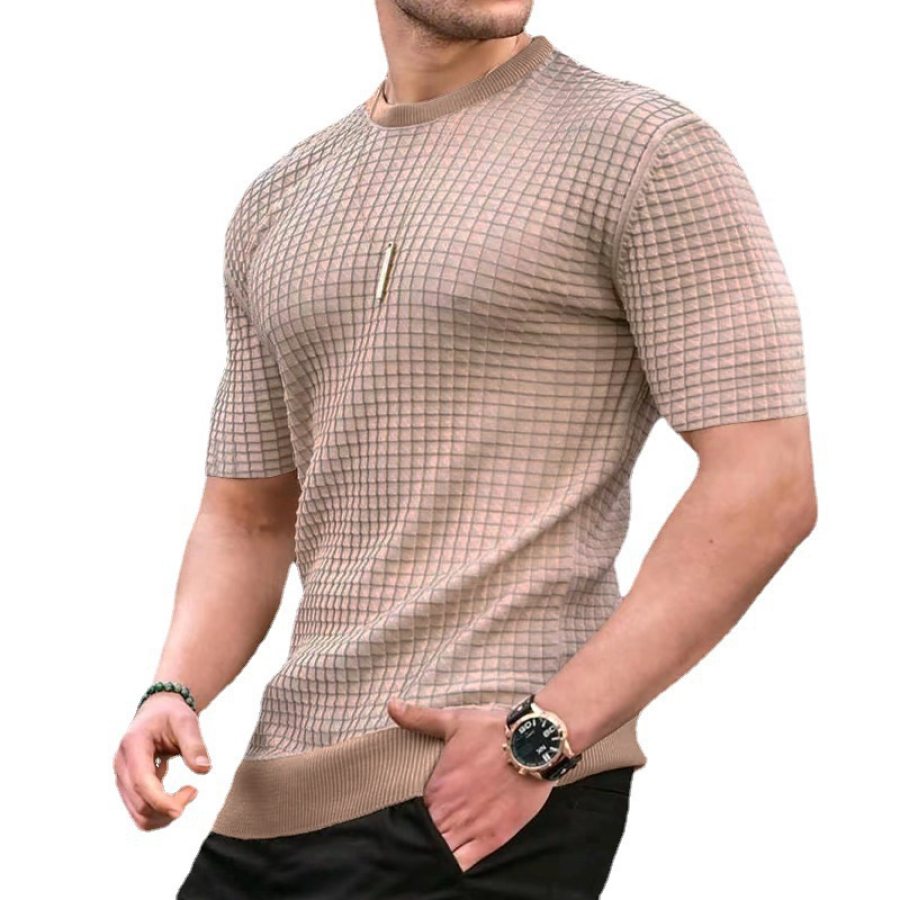 

Camiseta De Manga Corta Con Cuello Redondo A Cuadros Vintage Para Hombre