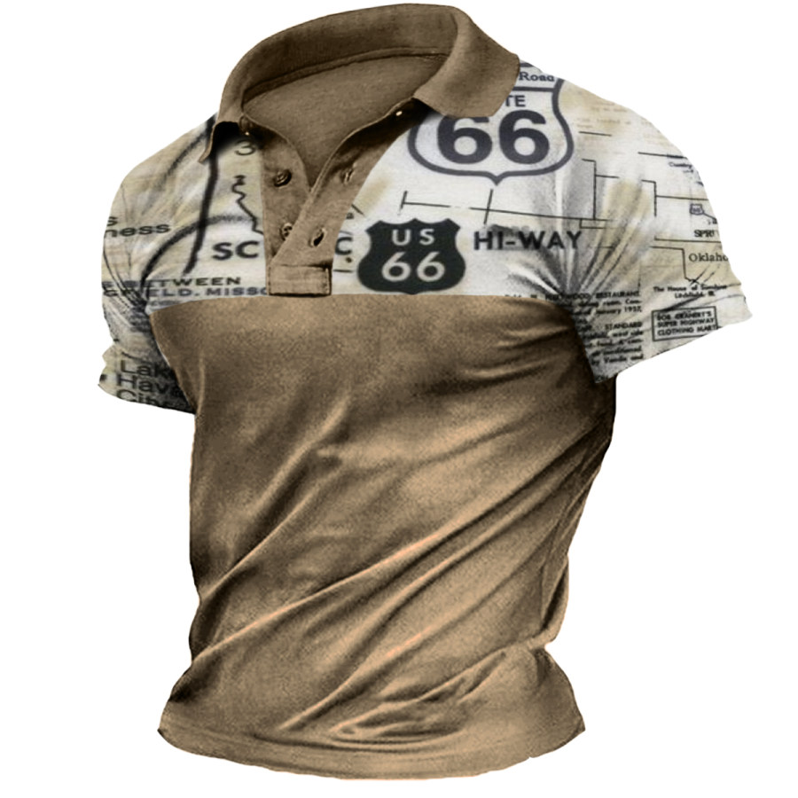 

Men's Vintage Route 66 Lapel Short Sleeve T-Shirt