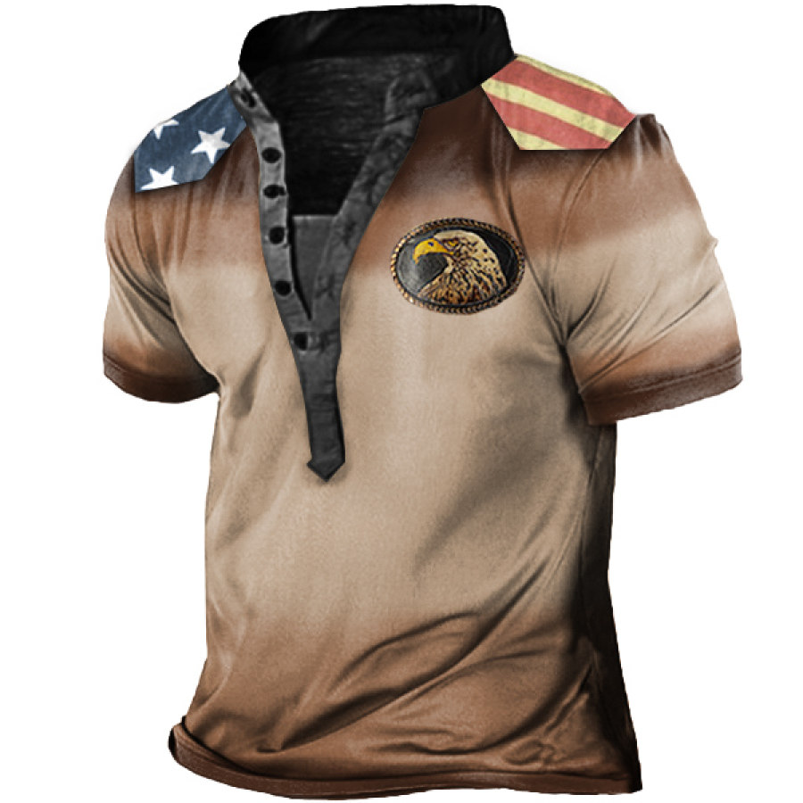 

Men's Vintage American Flag Eagle Gradient Print Henley T-Shirt