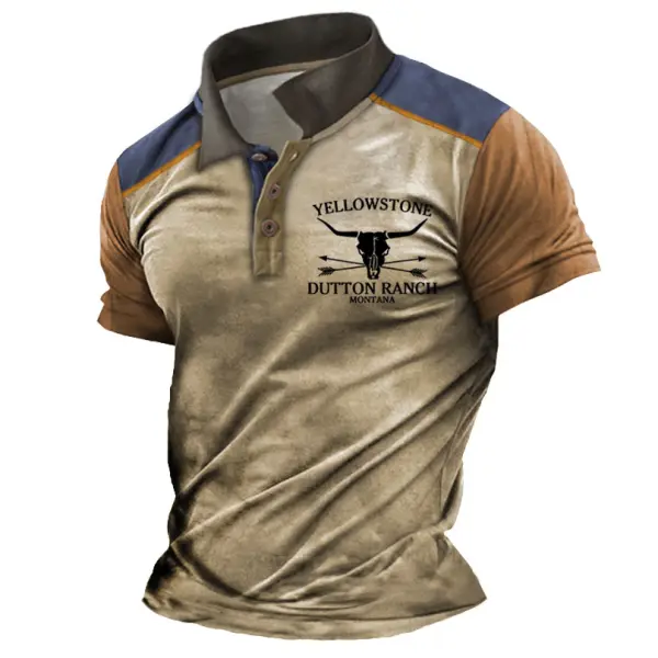 Plus Size Men's Vintage Yellowstone Skull Bull Contrast Polo Collar T-Shirt - Cotosen.com