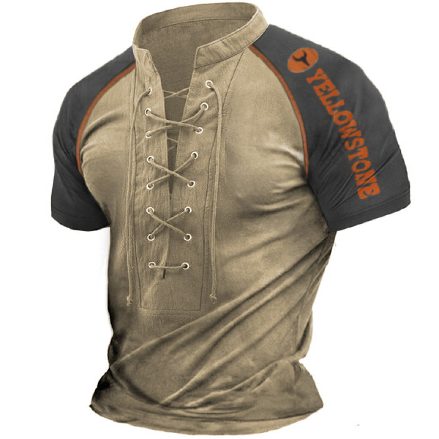 

Men's Vintage Yellowstone Raglan Lace-Up Stand Collar T-Shirt