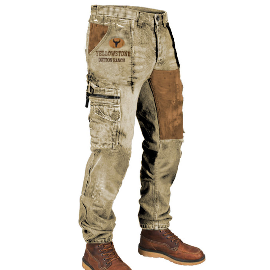 

Men's Outdoor Vintage Yellowstone Color Block Print Wear-resistant Army Pants