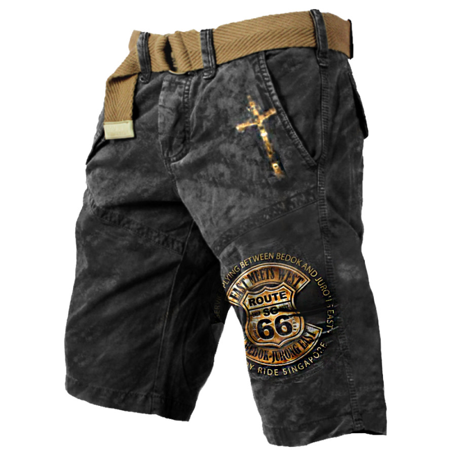 

Men's Vintage Route 66 Wash Print Multi-Pocket Tactical Shorts