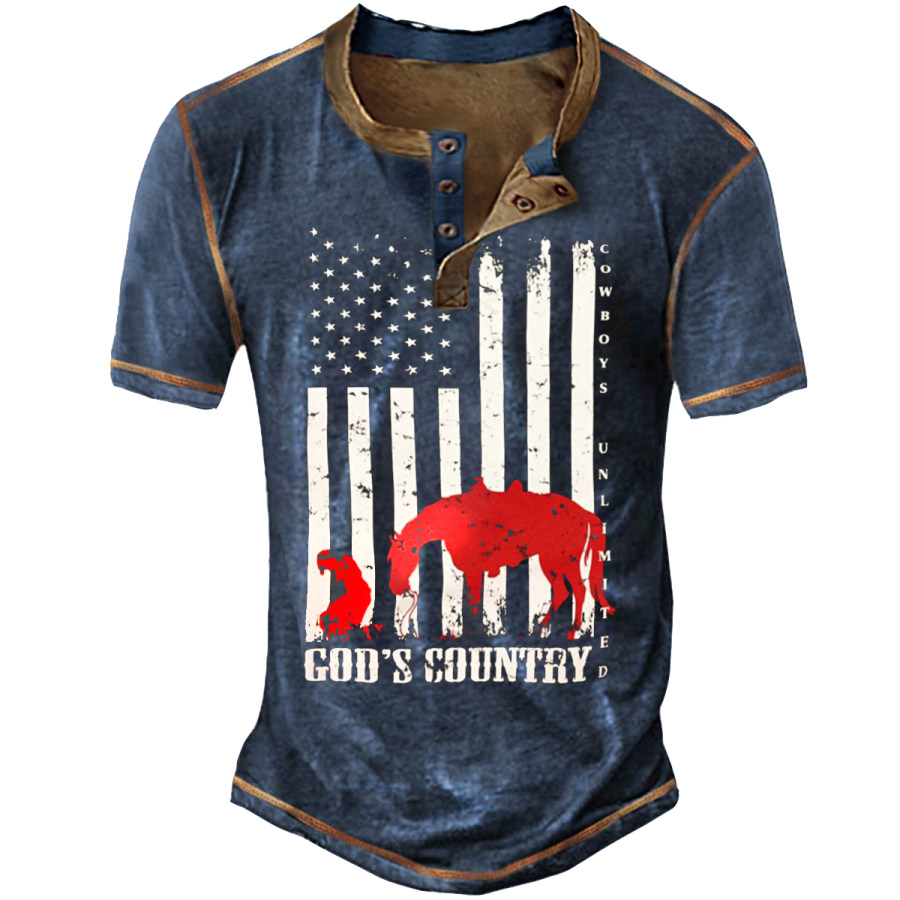 

Men's Vintage GOD'S COUNTRY Henley Short Sleeve T-Shirt