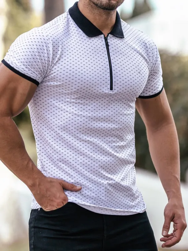 Black and White Printed Zip Polo Shirt - Oasisjoy.com 