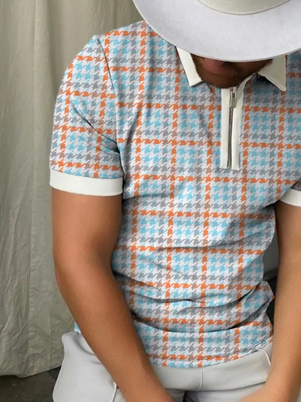 Thousand bird check short sleeve polo shirt - Oasisjoy.com 