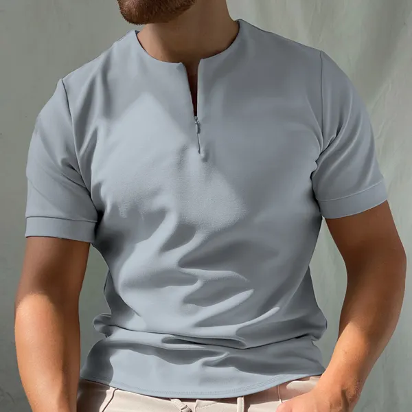 Collarless Solid Color Short-Sleeved Polo Shirt - Sanhive.com 