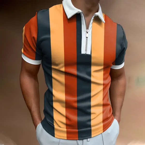 Striped Color Block Short-sleeved Polo Shirt - Enocher.com 