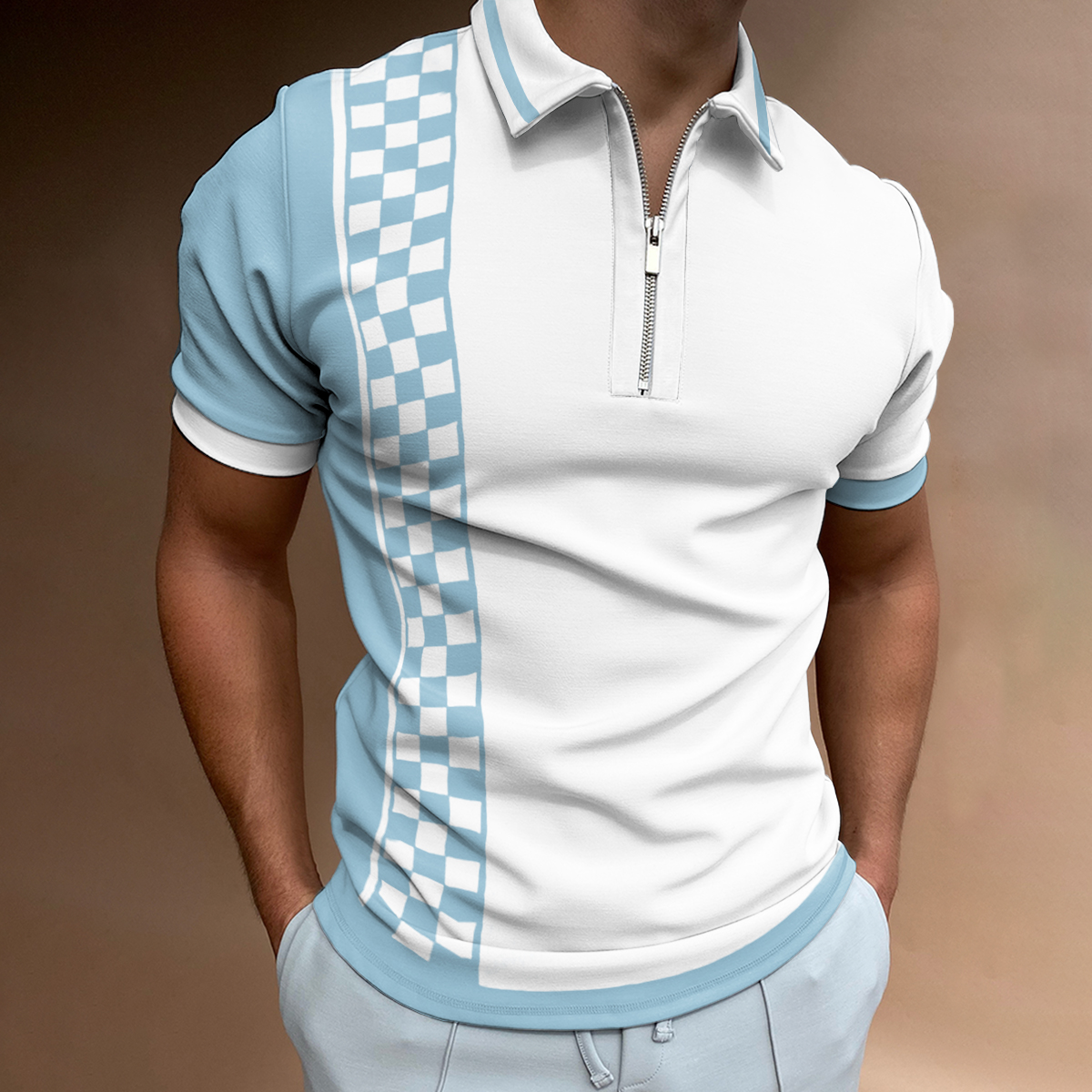 New Retro White Black Solid Zipper Casual Polo Shirt