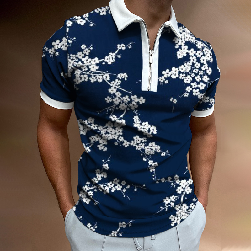 Plum Flower Print Short sleeved Polo Shirt