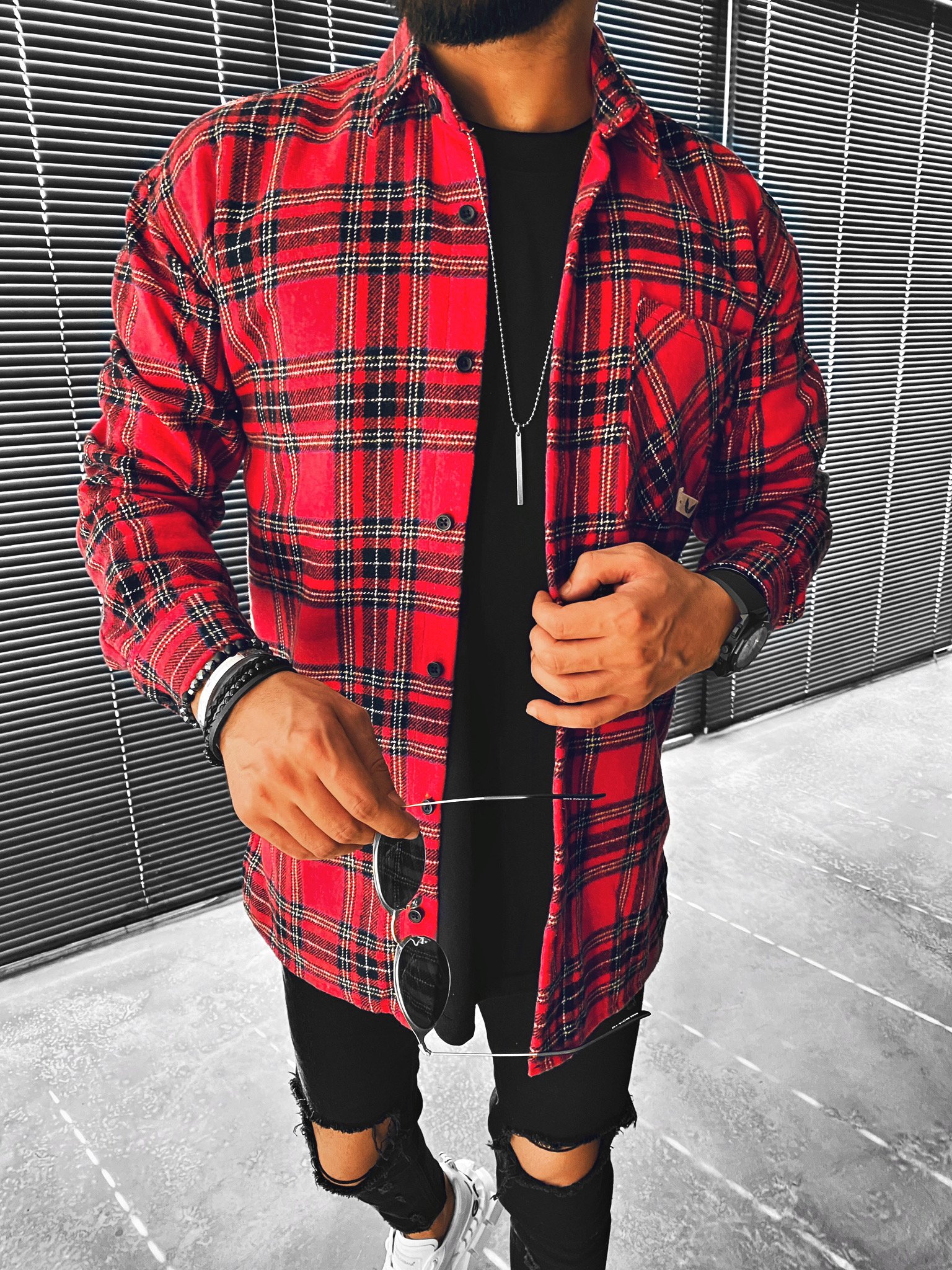 casual check textured long sleeve jacket