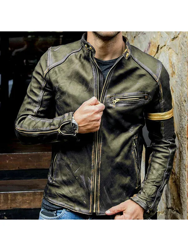 Men's stand-up collar punk motorcycle retro leather jacket - Plazabery.chimpone.com 