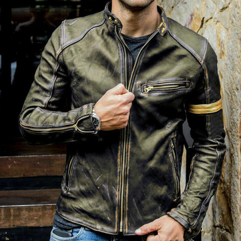 Men's stand-up collar punk motorcycle retro leather jacket