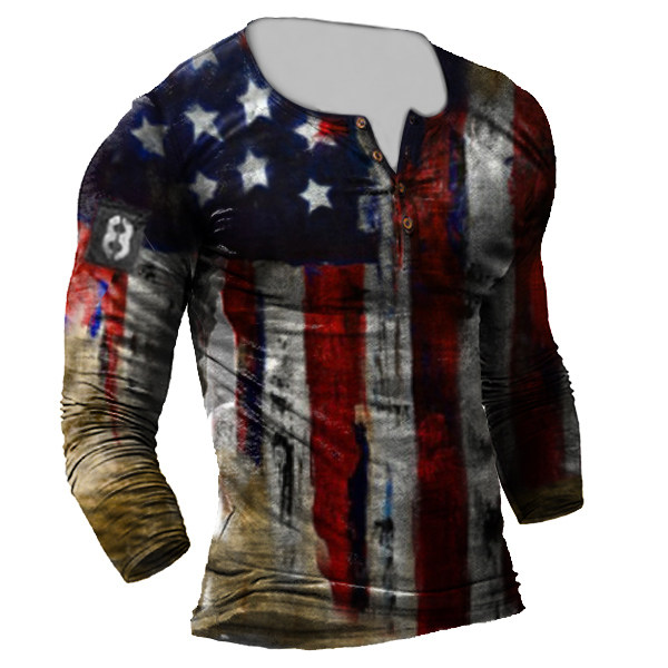 Mens American Flag Print Long Sleeve V-Neck Henley Shirt