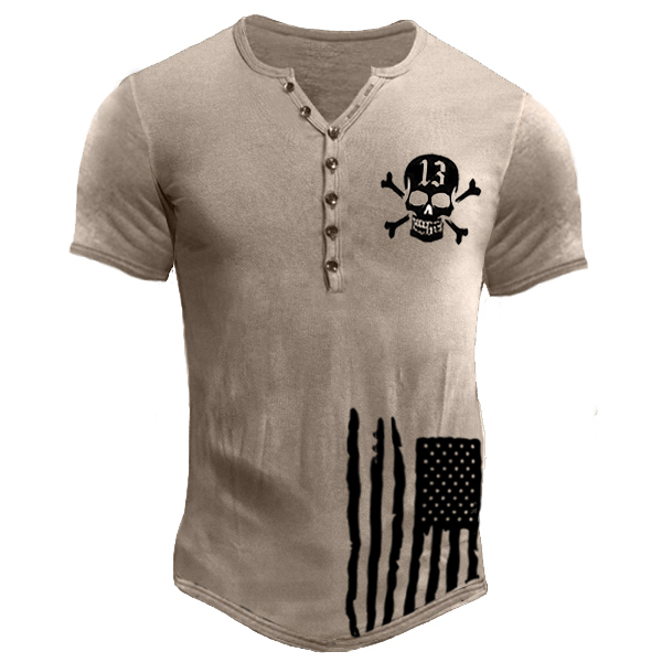 Lucky 13 American Flag Outdoor Men's Henley Short Sleeve T-Shirt