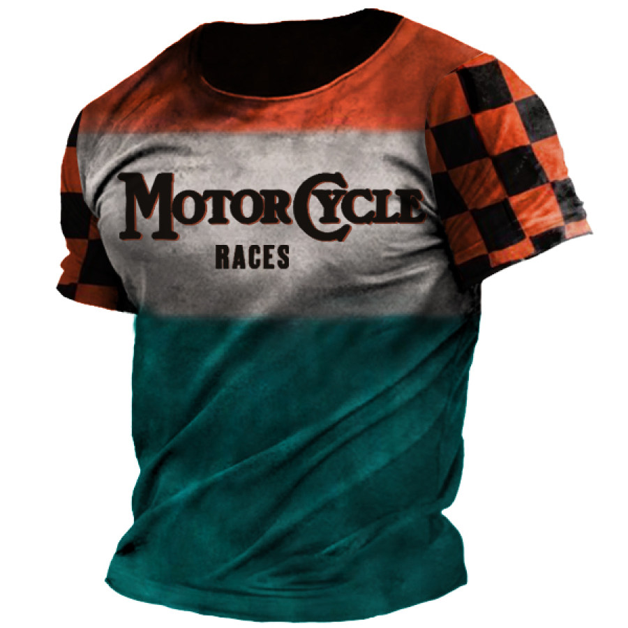

Men's Outdoor Motorcycle Race Checkerboard Print T-Shirt