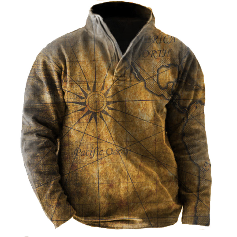 

Men's Vintage Nautical Map Print Zip Stand Collar Sweatshirt