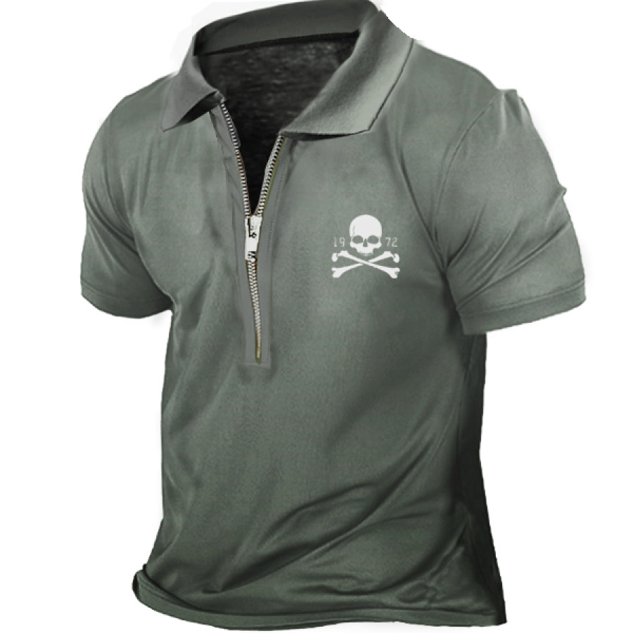 

Men Vintage Pirate Skull Print Zip Polo Shirt