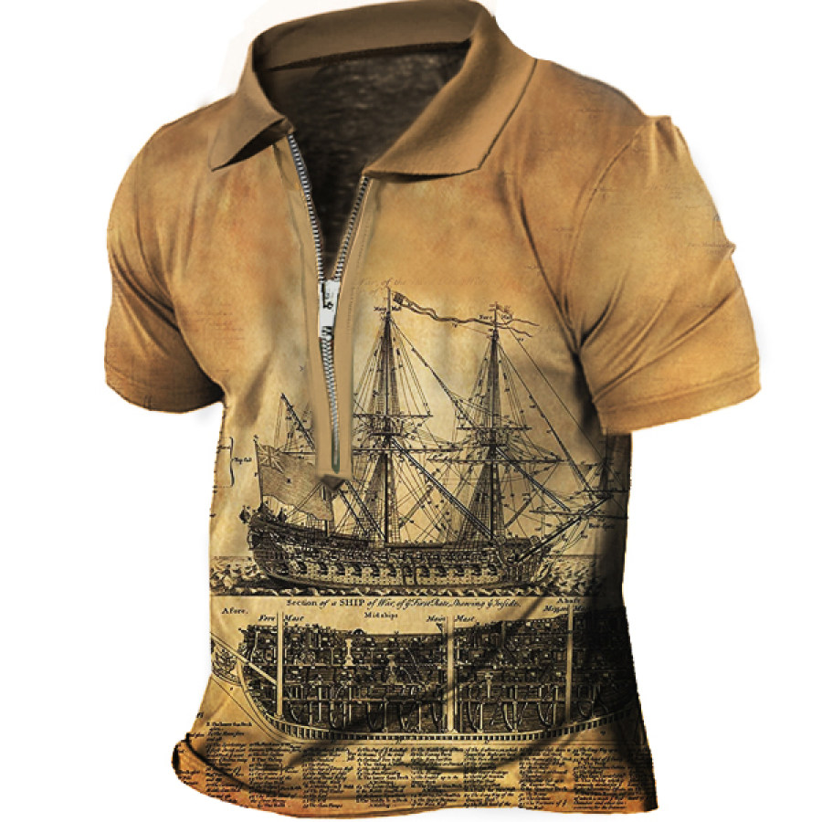 

Men Vintage Sailing Ship Print Zip Polo Shirt