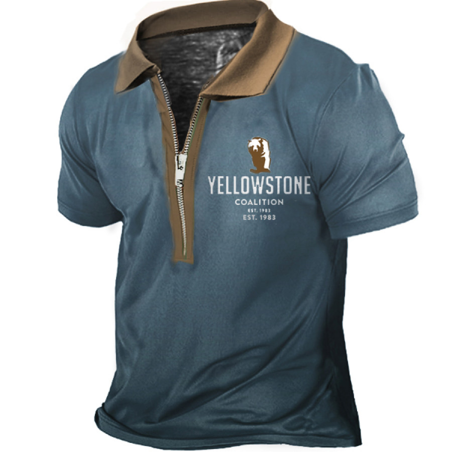

Men's Vintage Yellowstone Print Zipper Stand Polo Shirt