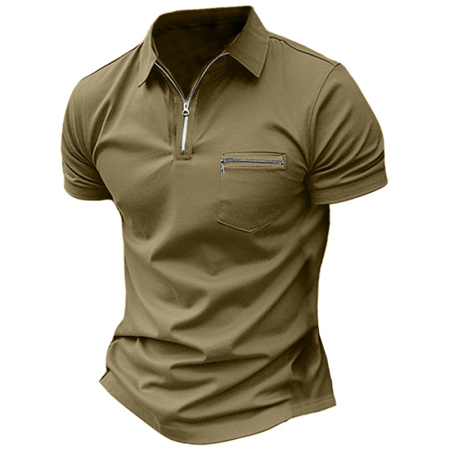 

Camisa Polo Esportiva Masculina Respirável De Secagem Rápida Elástica Com Bolso E Zíper