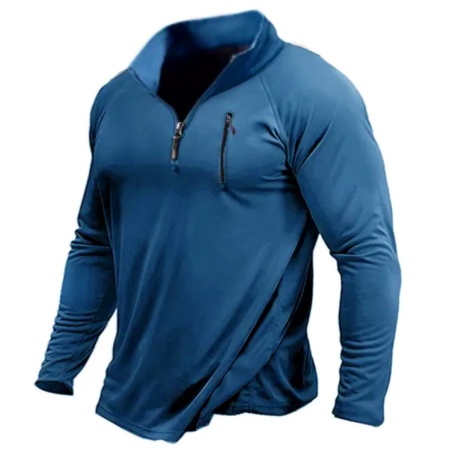 

Men's Quick Dry 1/4 Zip Stand Collar T-shirt Outdoor 50+ Sun Zipper Pocket Protection Hike Sports Run Pullover Tactical