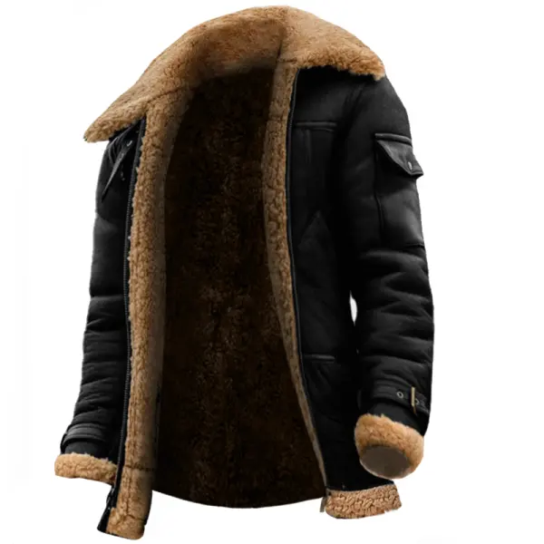 Men's Fleece Suede Jacket Warm Winter Thicken Coat Zip Up Heavyweight Plus Size Motorcycle Jacket - Cotosen.com