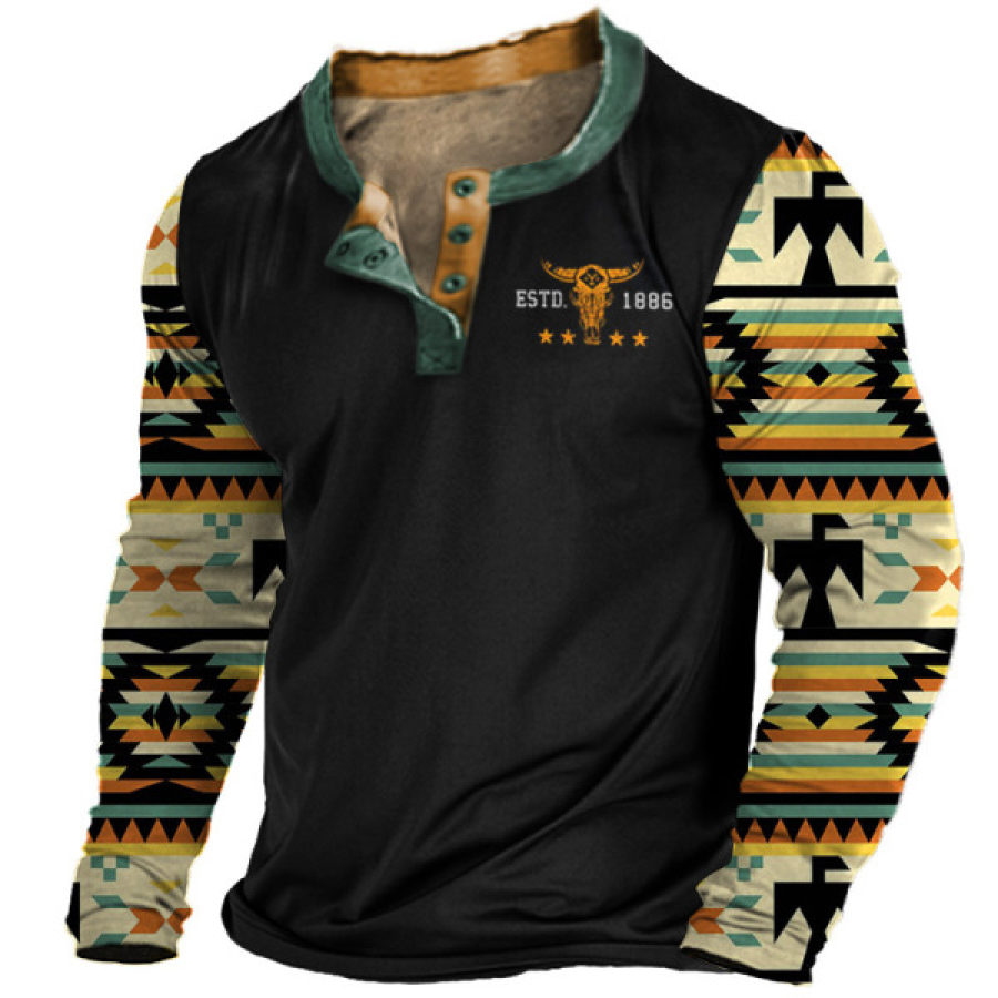 

Aztec Cowboy Men's Retro Ethnic Yellowstone Print Colorblock Henley Casual Long Sleeve T-Shirt