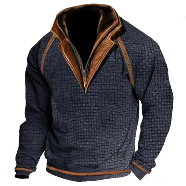Men's Outdoor Casual Waffle Zip Polo Sweatshirt Double Layer Stand Collar Long Sleeve Vintage Contrast Tactical Pullover - Cotosen.com
