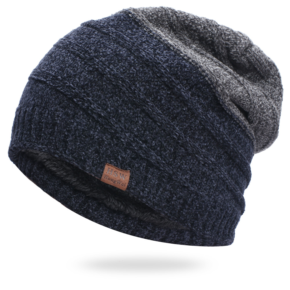 Men's Hooded Chenille Woolen Chic Hat Plus Velvet Thick Warm Ski Climbing Hat Striped Knitted Hat
