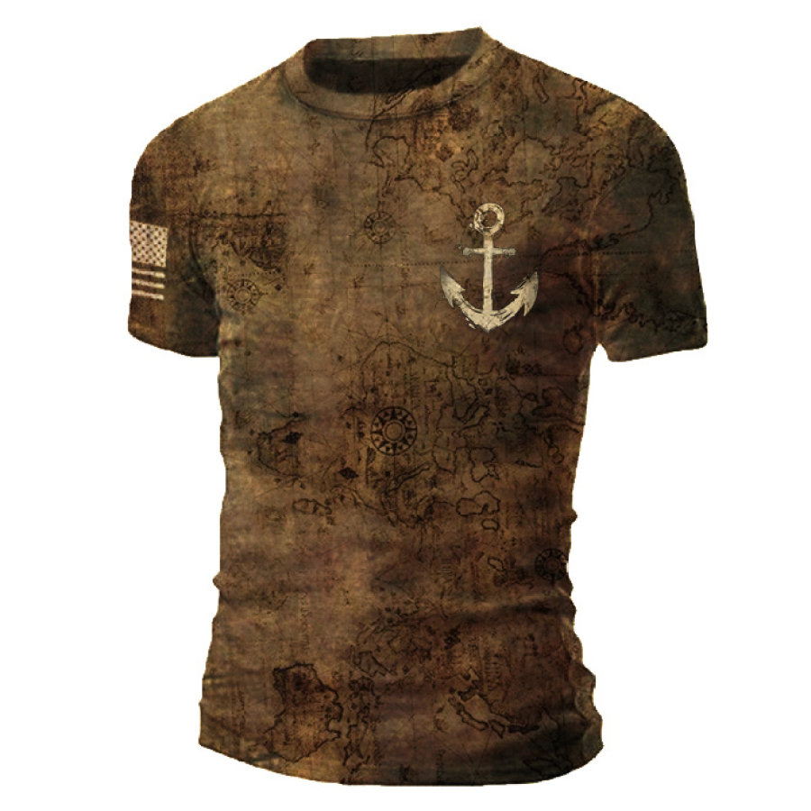 

Mens map print ship anchor tactical short-sleeved T-shirt
