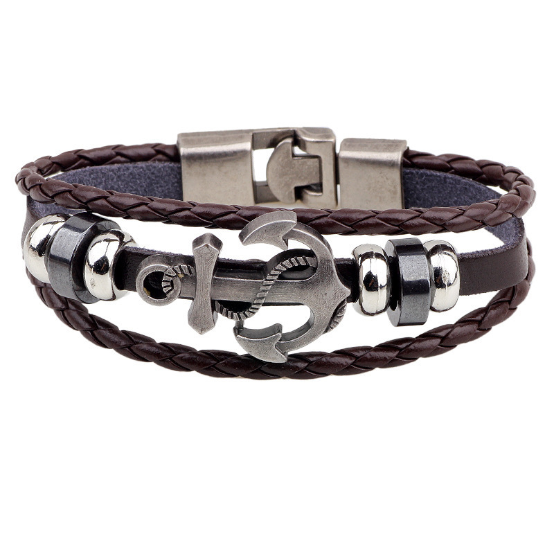 Fashion Anchor Leather Hand-woven Chic Multi-layer Men's Hand Rope Retro Bracelet