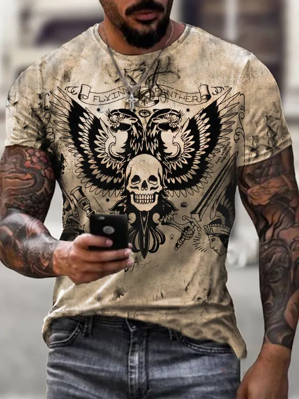 Mens double-headed eagle print fashion short-sleeved T-shirt - Plazabery.chimpone.com 