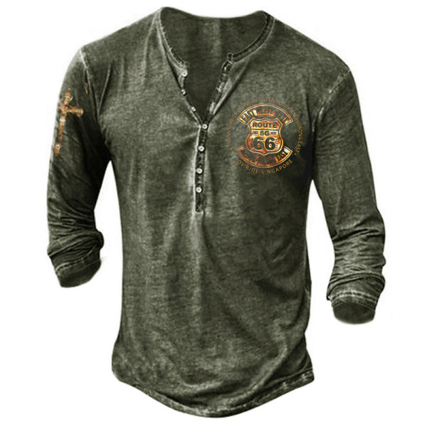 Men's retro button printed long-sleeved T-shirt - Wayrates.com