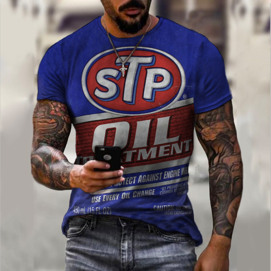 

Retro Motor Oil Letter Print Short Sleeve T-shirt