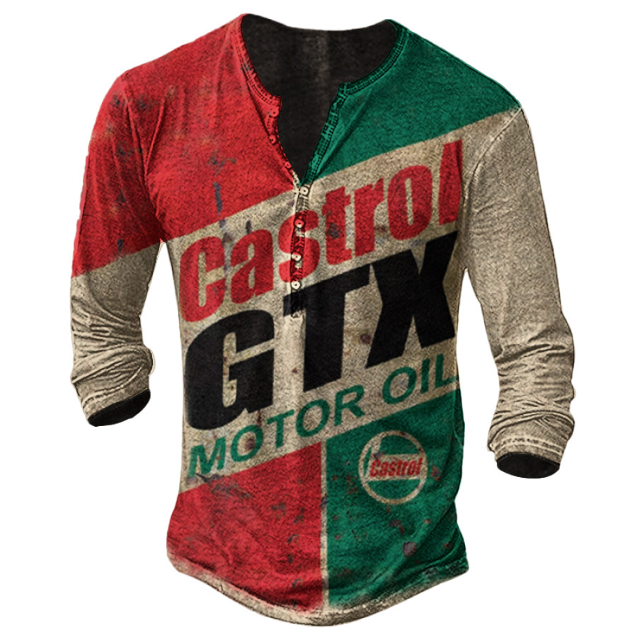 

Mens Motorcycle Engine Oil Print Vintage Henley Button T-shirt