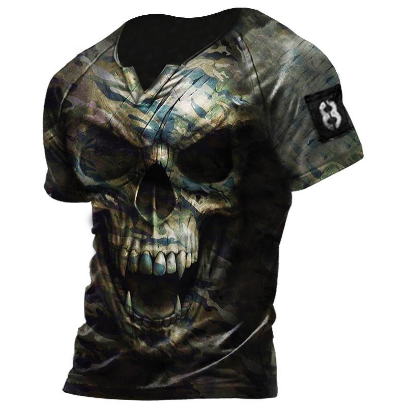Mens Skull Print Vintage Casual Slim Fit Basic Tactical T-Shirt