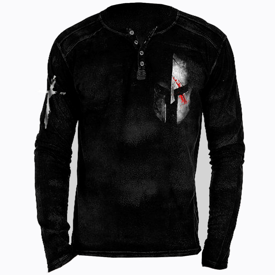 Men's Spartan Cross Print Long Sleeve Henley Shirt