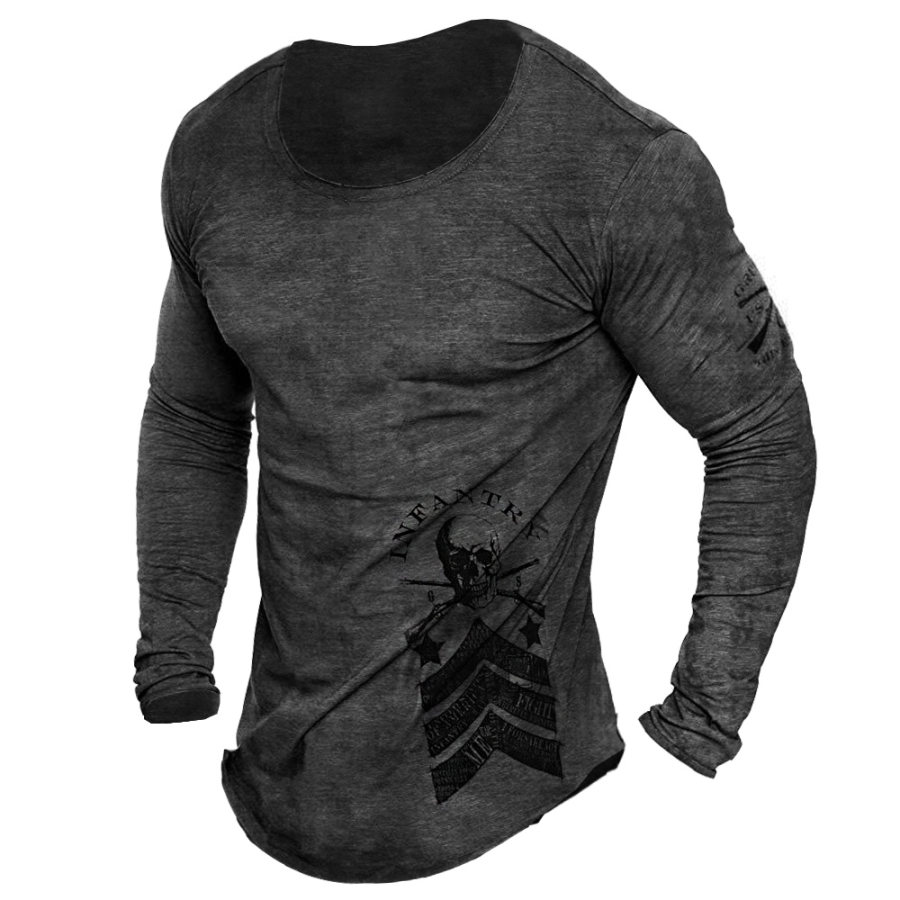 Men's Army Skull Print O-neck Long Sleeve Top